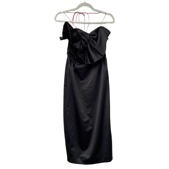 ANNA OCTOBER Ruffled Satin Midi Dress Black - Picture 4 of 8